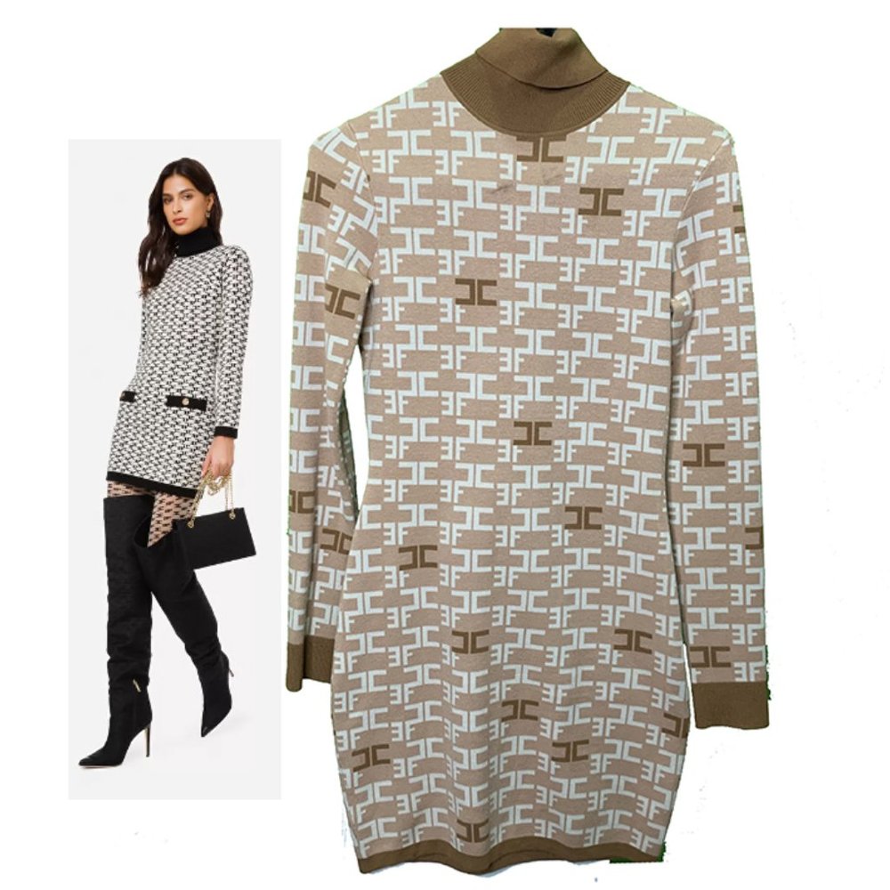 Elisabetta Franchi Iconic Turtleneck Logo Midi Knitted Dress. Sz XS US 2